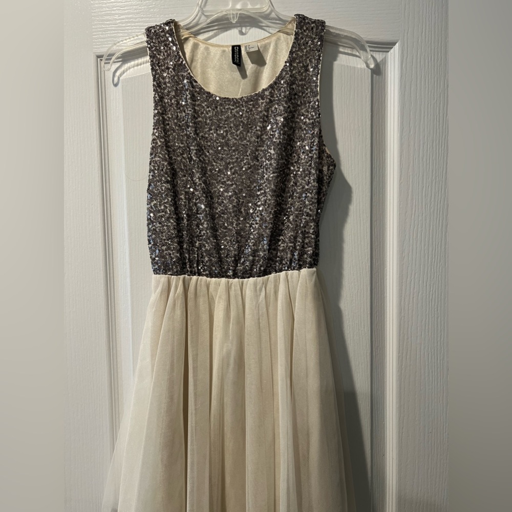 Sparkly silver sequin dress with cream/off white tulle